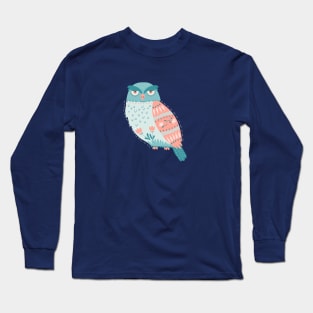 Folk Art Owl in Pink + Blue Long Sleeve T-Shirt